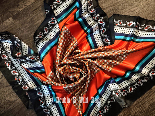Double B Wild Rags - Wild Rag BARGAIN CORNER Motif center with Paisley Border Cowboy Western Neck Scarf by Double B Wild Rags - Orange and Black