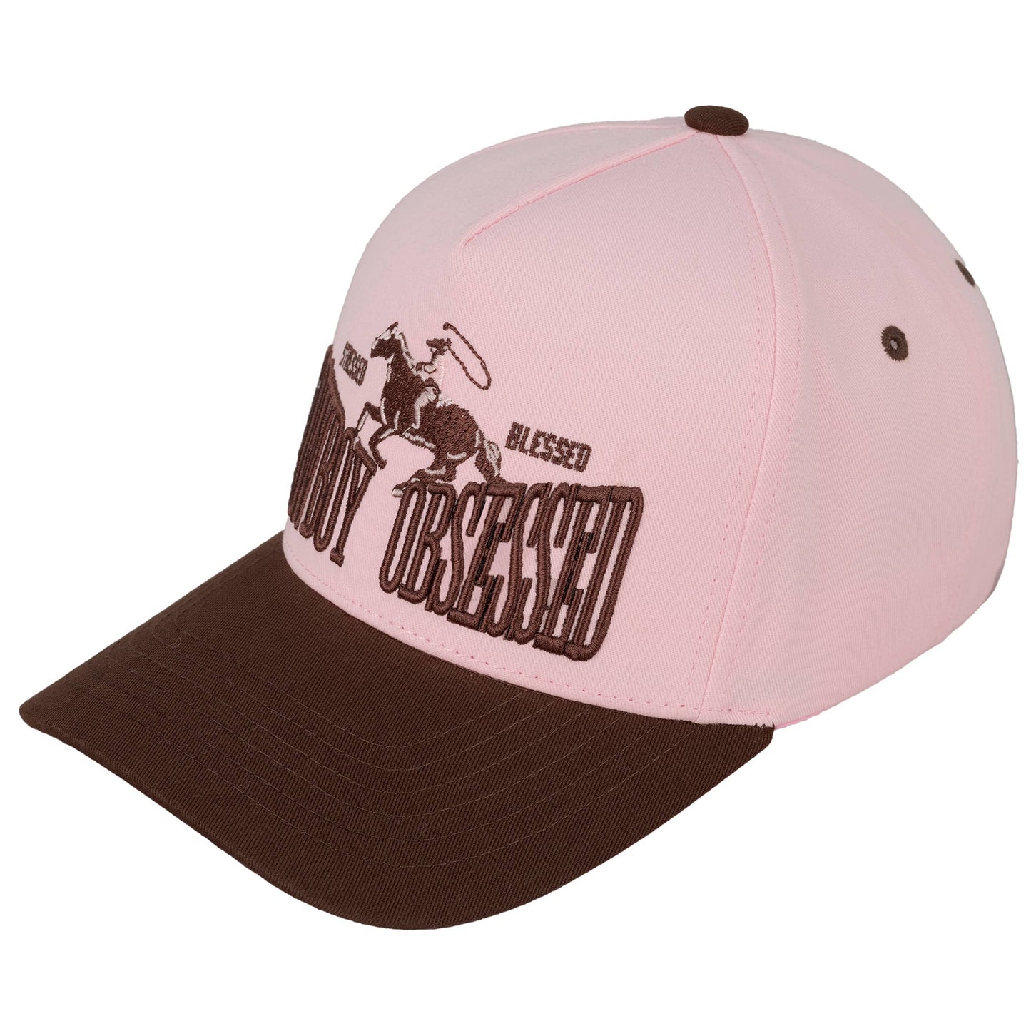 Hana - C.C COWBOY OBSESSED Embroidered Cotton Trucker Cap - Brown/Pink