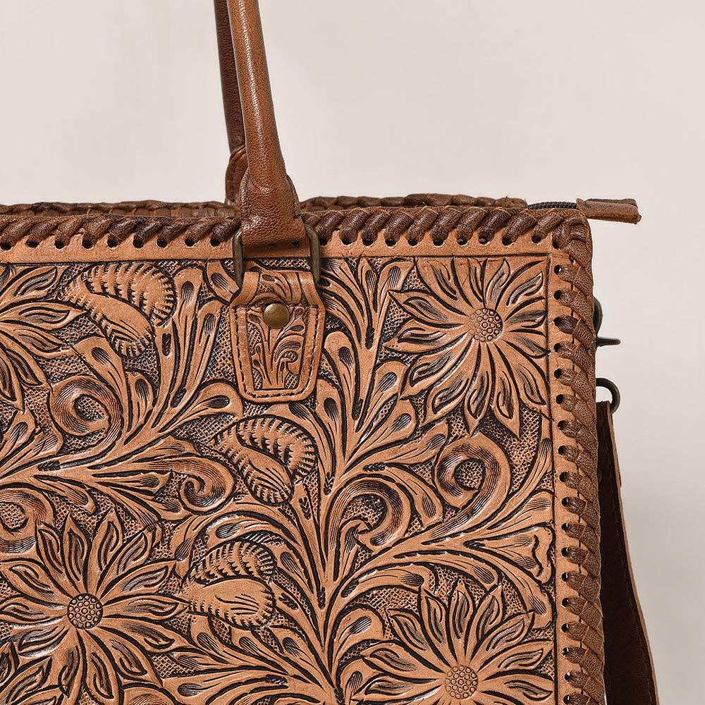 ADBG235 American Darling Western Leather Tote Bag - Hand Tooled Floral Carved Braided Purse - ADBG235J