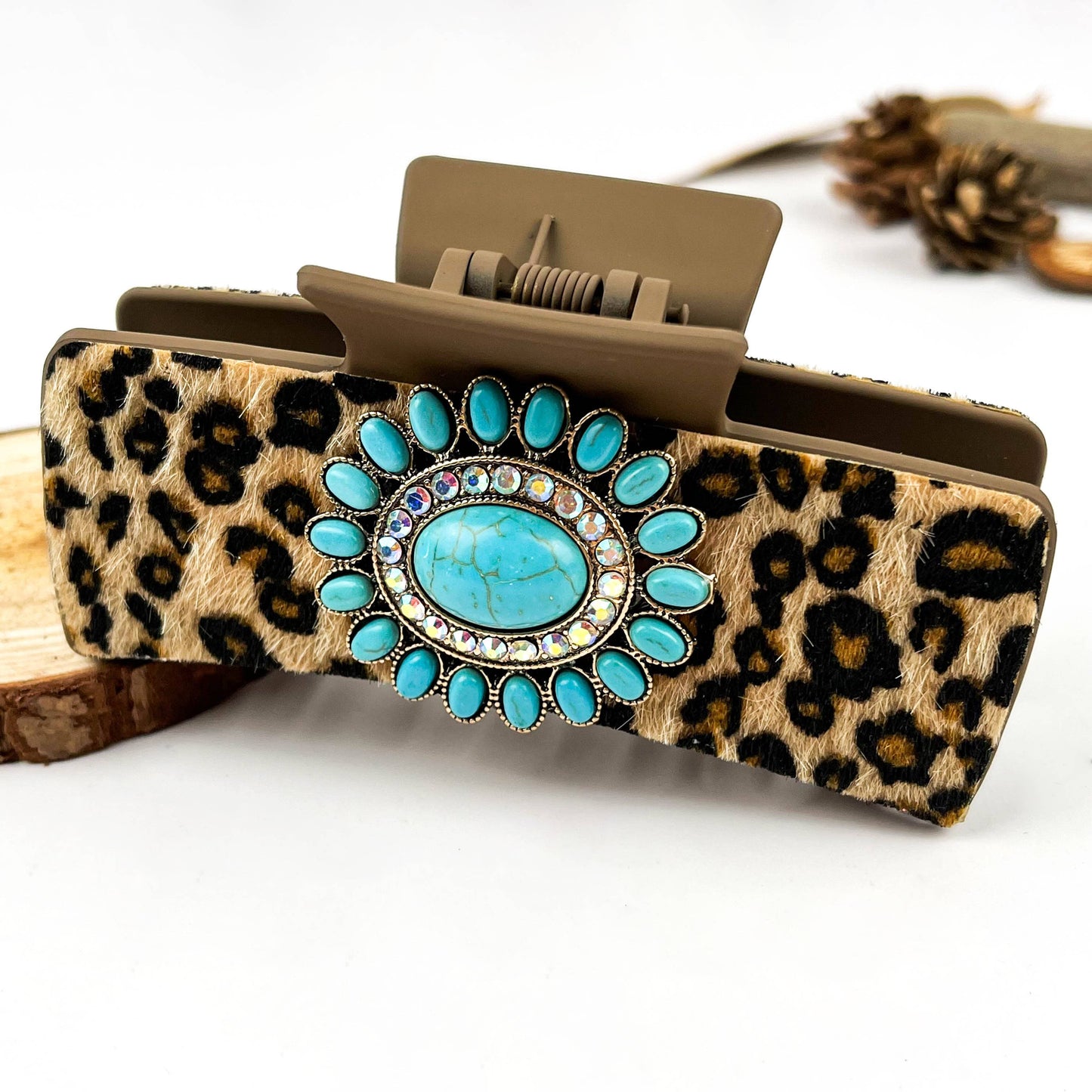 mildstyles - Boho Turquoise Leopard Print Leather Hair Claw Clip - A