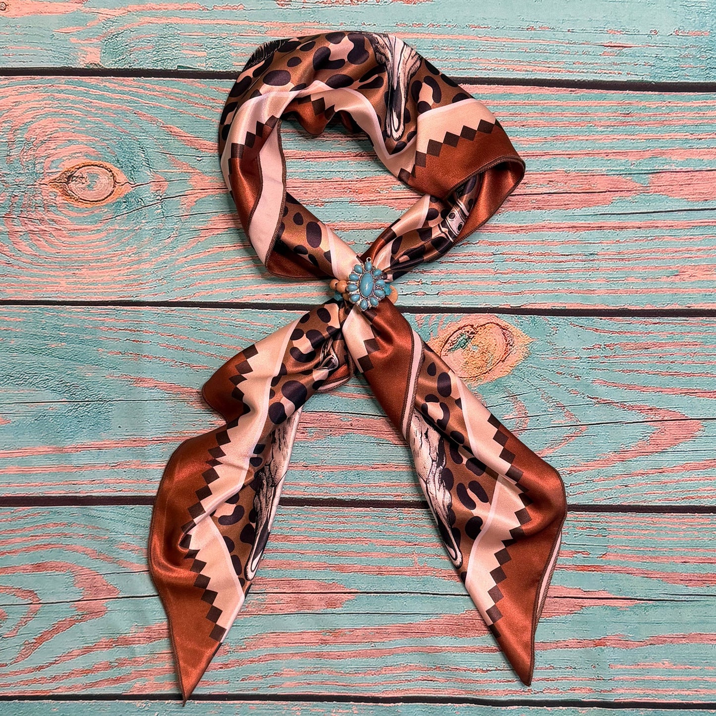 WESTERN RODEO PRINT SILK SCARF 36X36 - Mocha/Turquoise