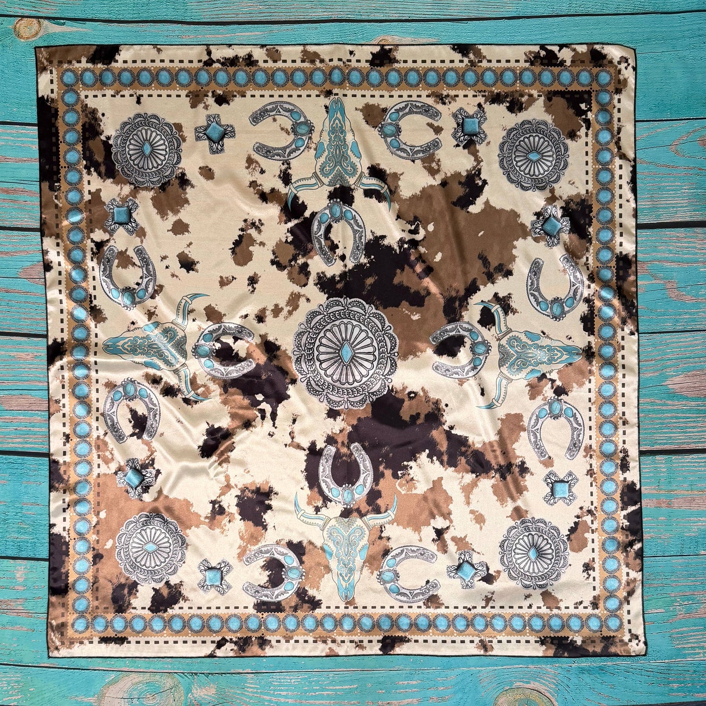 COW PRINT SILK SCARF 36X36 - Khaki/Brown