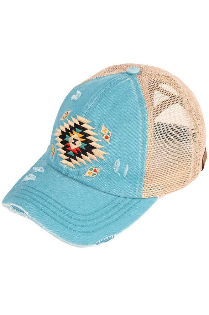 Hana - C.C Aztec Patch Distressed Criss-Cross Pony Cap - Black