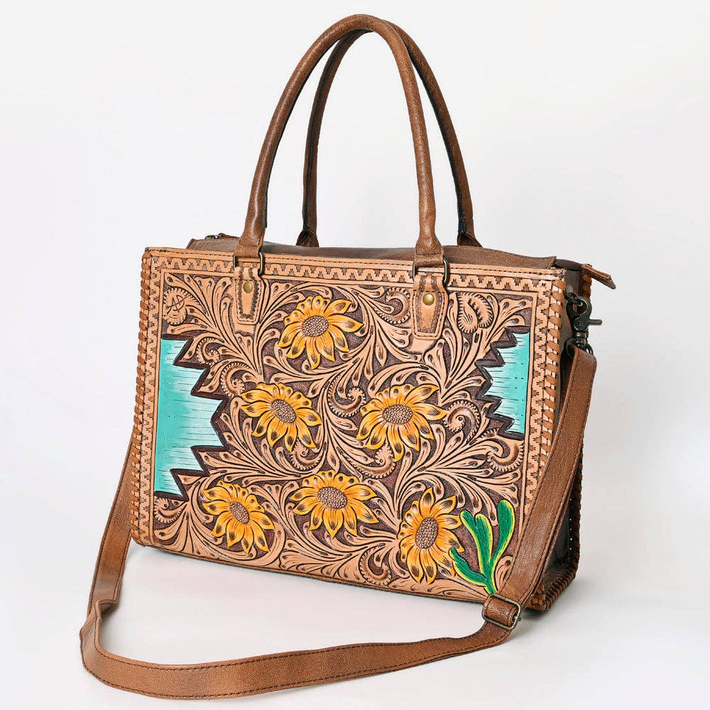 ADBG235 American Darling Western Leather Tote Bag - Hand Tooled Floral Carved Braided Purse - ADBG235J