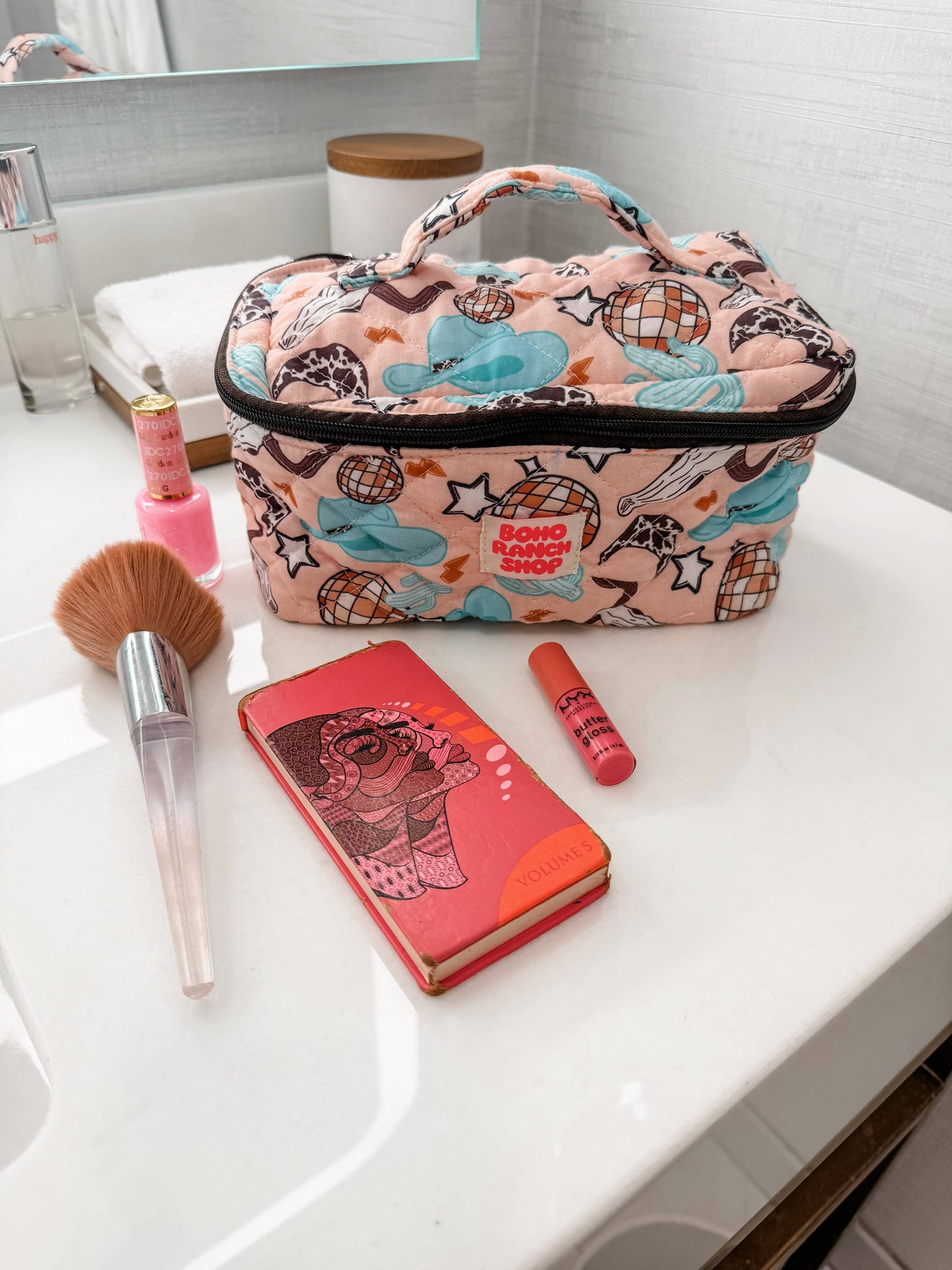 Boho Ranch Shop - Quilted Western Makeup Bag  | Cowgirl Cosmetic Bag Fabric  - DESERT DISCO