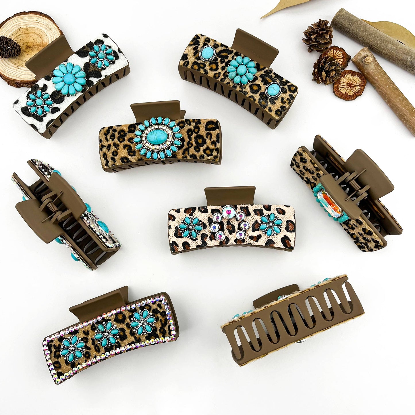 mildstyles - Boho Turquoise Leopard Print Leather Hair Claw Clip - E