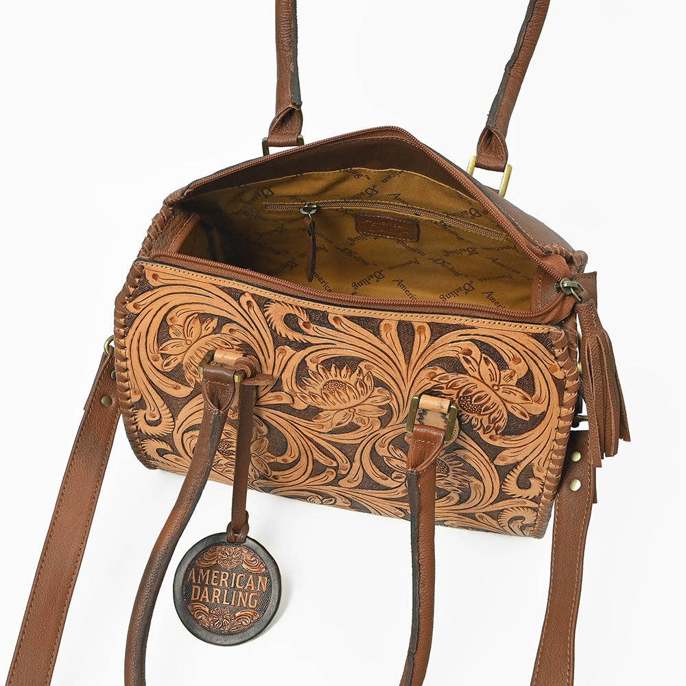 American Darling Hand-Tooled Leather Speedy Bag Classic Western Floral Design - ADBGA1044