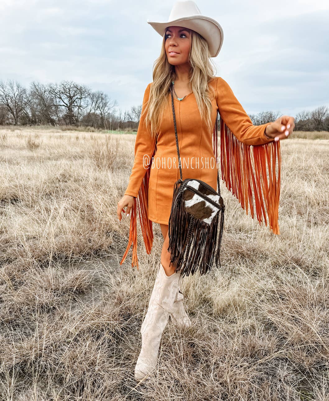 Boho Ranch Shop - THE MEGAN CROSSBODY cowhide Western Tooled Leather purse - BROWN + WHITE COWHIDE