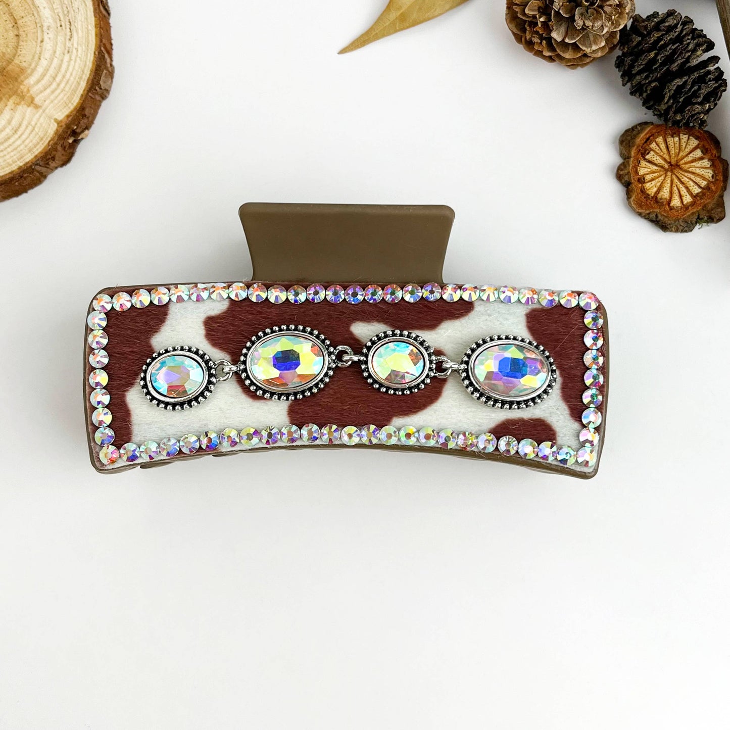 mildstyles - Vintage Western Cowboy Cow Print Rhinestone Hair Claw Clip - E
