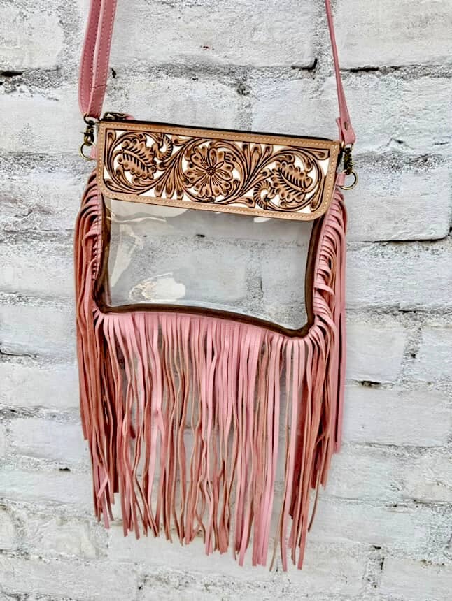 Boho Ranch Shop - Hand Tooled Clear Purse Crossbody - Concert Game Day Stadium - WHITE/ BLACK