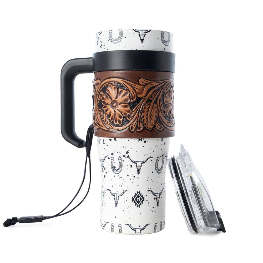 Myra Bag - Westmark Tooled Western Tumbler in White Stainless Steel with Leather Wrap and Handle for Use - WITH TOOLING
