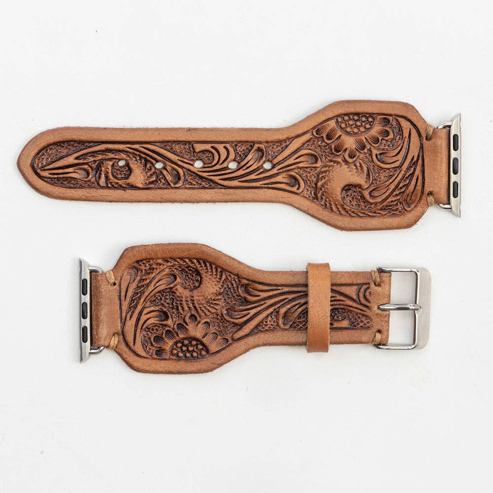 Myra Bag - Lone Star Handtooled Leather Watch Band in Antique Saddle Brown