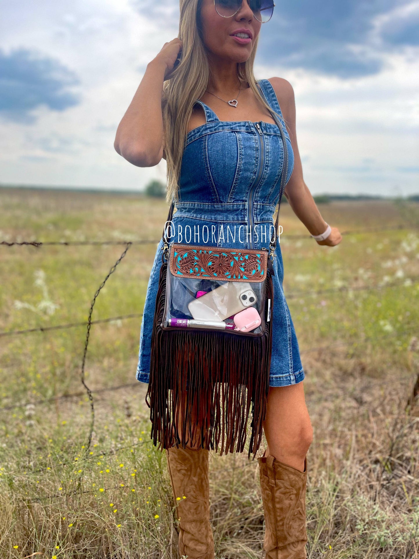 Boho Ranch Shop - Hand Tooled Clear Purse Crossbody - Concert Game Day Stadium - WHITE/ BLACK