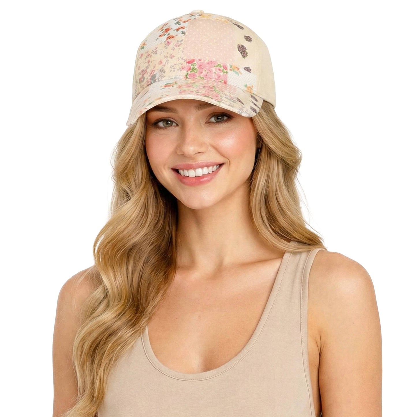 Hana - C.C Floral Patchwork Brim Criss-Cross Ponytail Trucker Hat - Beige