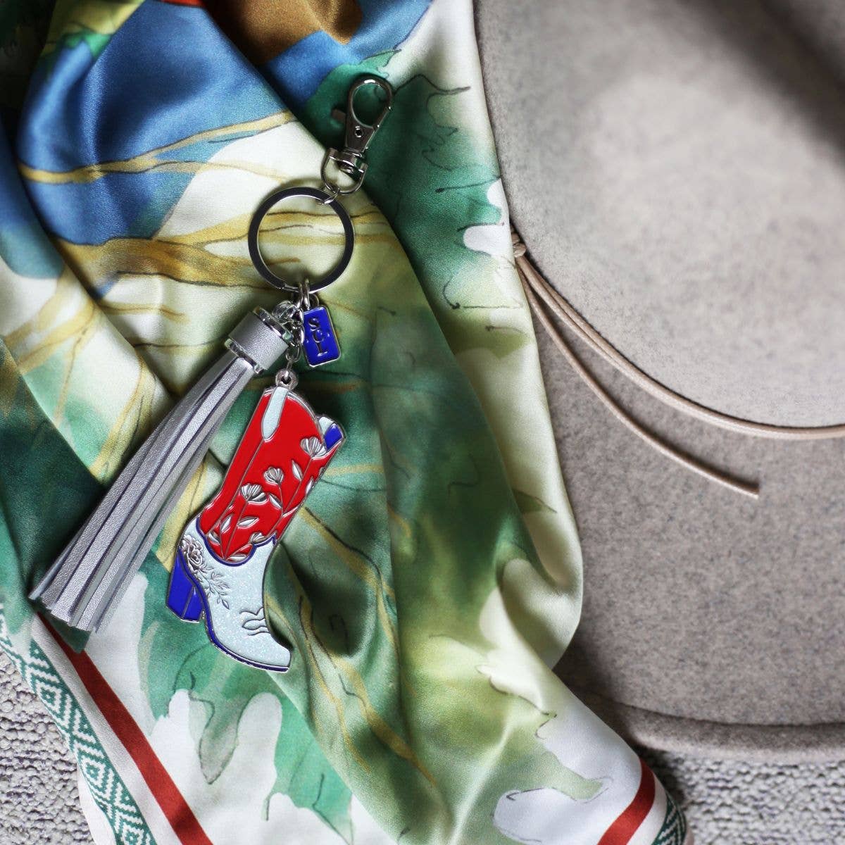 Sophisticated Country Lady - Patriotic Cowgirl Boot Keychain Bag Charm - Silver Tassel - Hanging Card