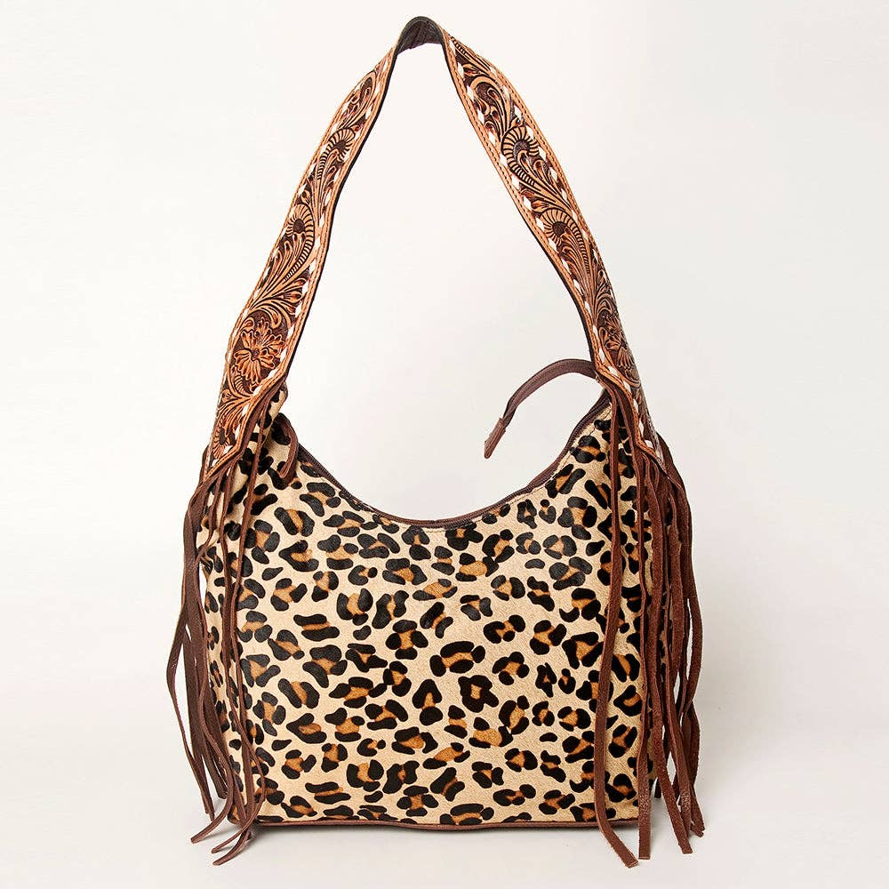 LS Western - ADBGA214 American Darling Cowhide & Tooled Leather Fringe Hobo Shoulder Handbag - ADBGA214C