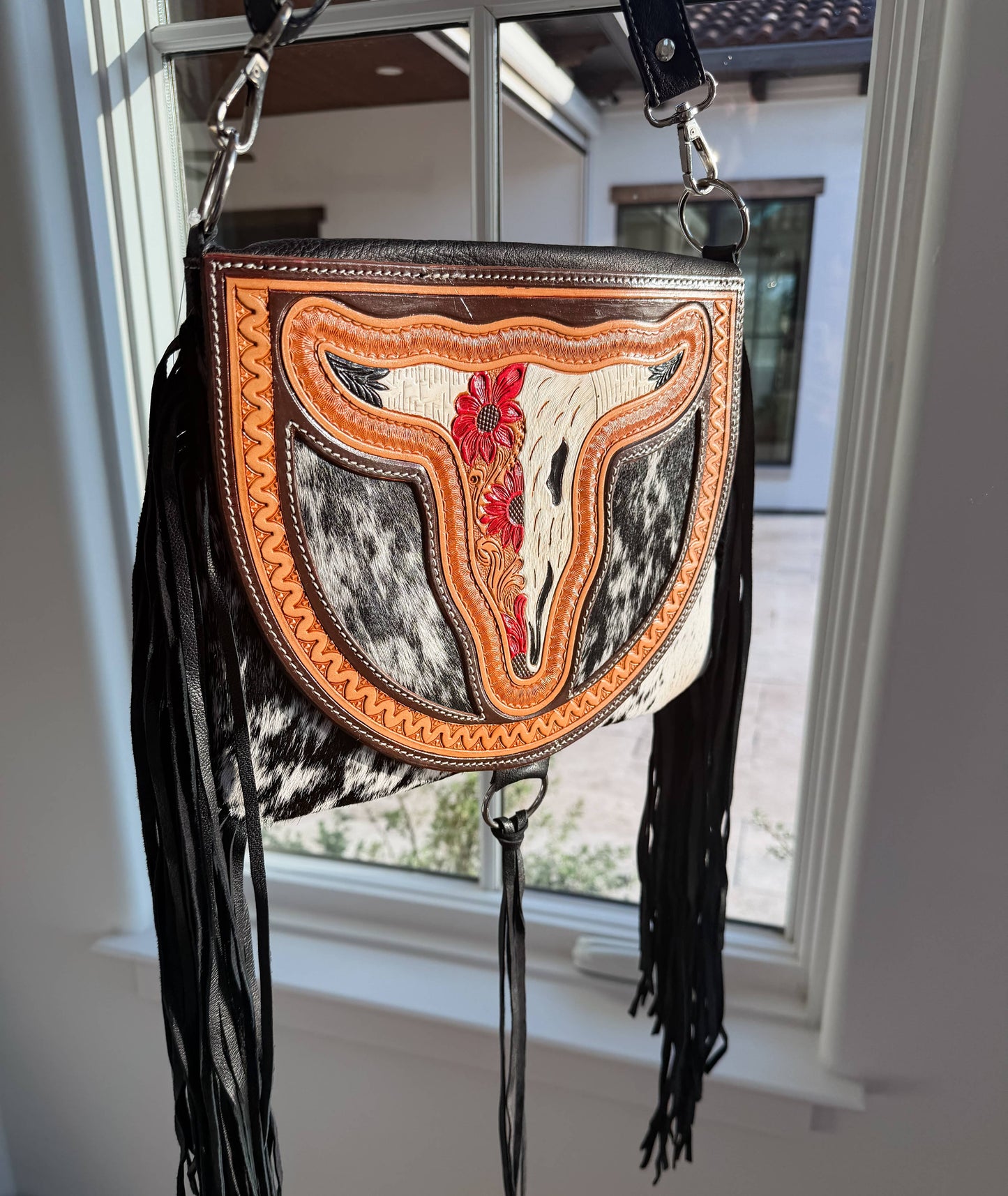 Boho Ranch Shop - THE CAROLINE CROSSBODY steer longhorn - cowhide purse bag - YELLOW FLOWER