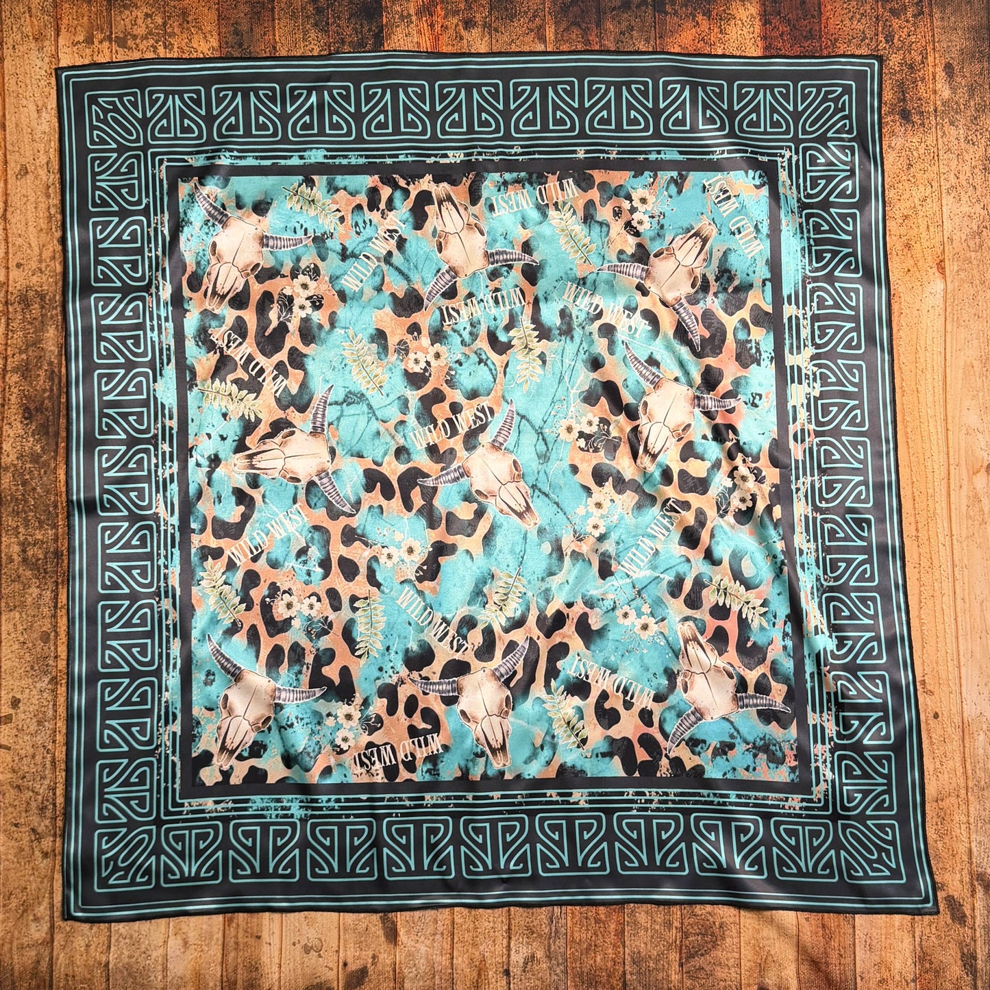 WESTERN LONGHORN PRINT SILK CARF 36X36 - Black/Turquoise