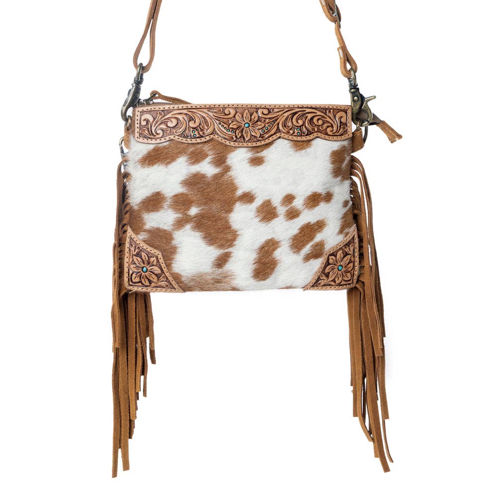 Myra Bag - Bourbon Trail Handtooled Bag for Women in brown with hairon and fringe detail - Brown & White