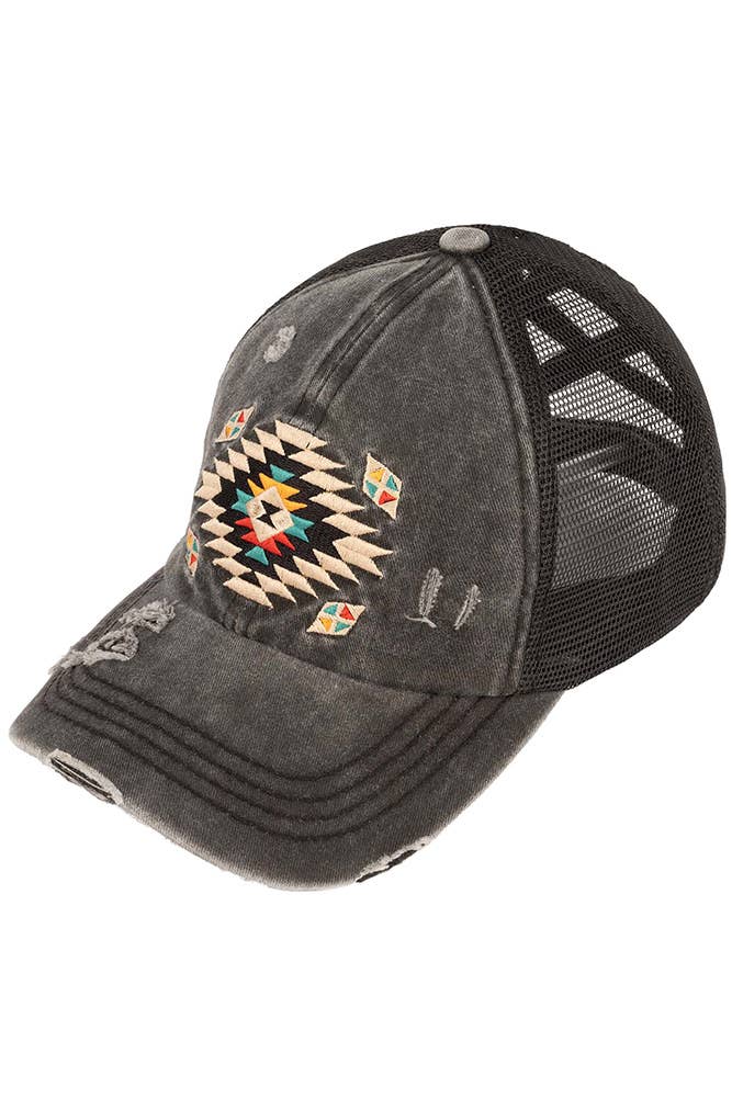 Hana - C.C Aztec Patch Distressed Criss-Cross Pony Cap - Gray