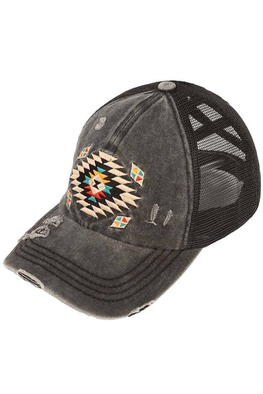 Hana - C.C Aztec Patch Distressed Criss-Cross Pony Cap - Black