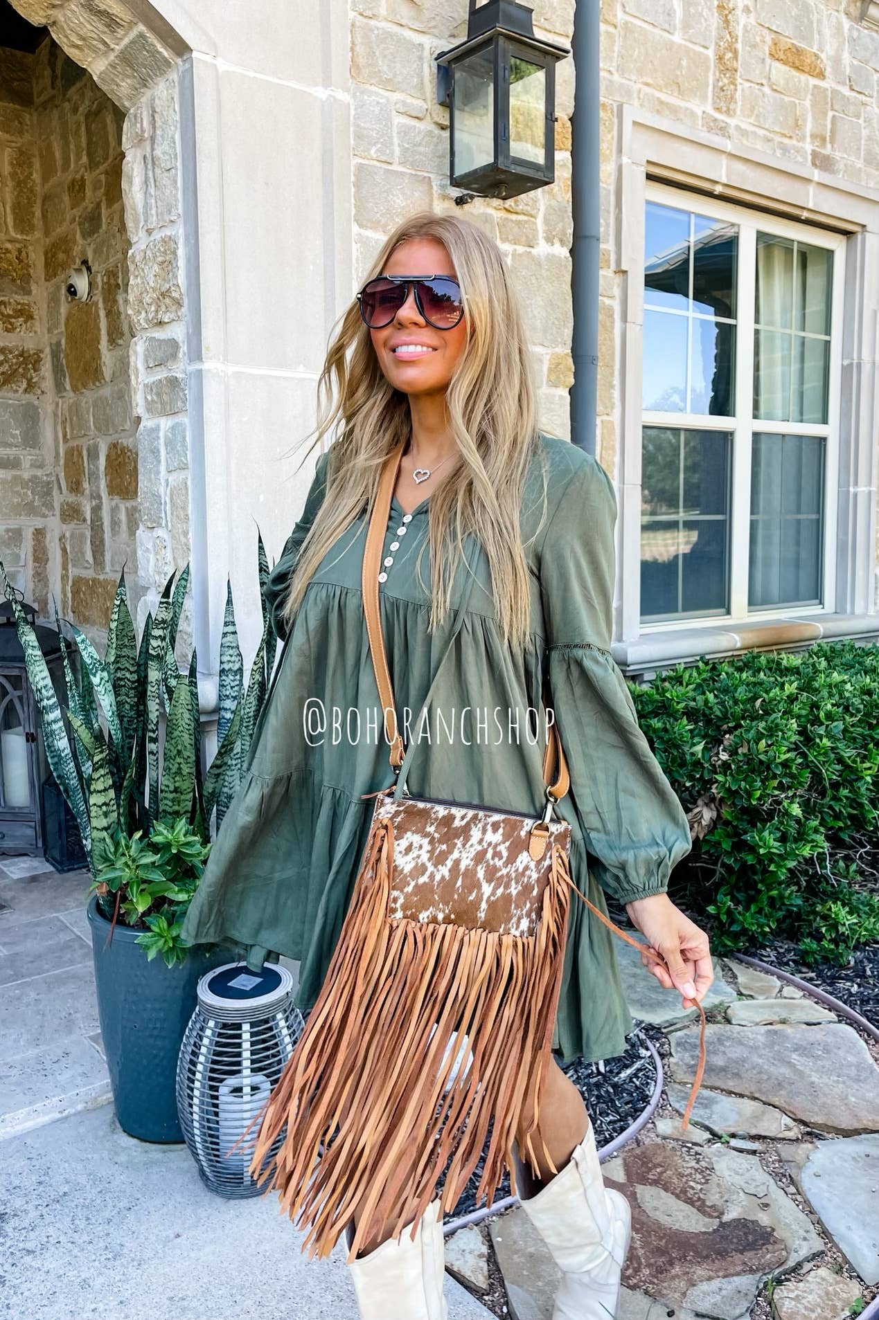 Boho Ranch Shop - THE JESSE CROSSBODY cowhide fringe tassel purse bag - TAN LEATHER