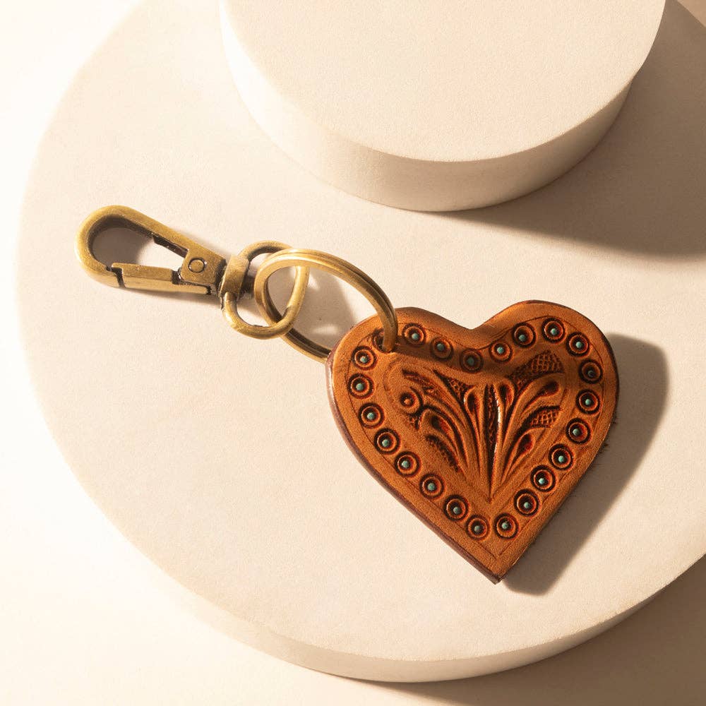 Myra Bag - Studded Heart Western Key Fob in brown with handtooled detail - Brown