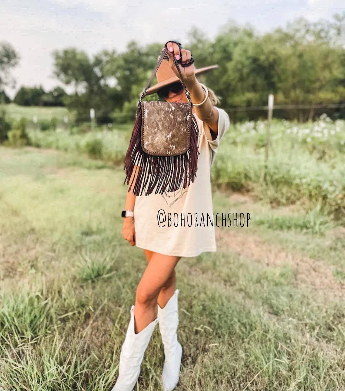 Boho Ranch Shop - The Kylie Crossbody - Genuine Hairon Cowhide - BROWN + TURQUOISE SPECS