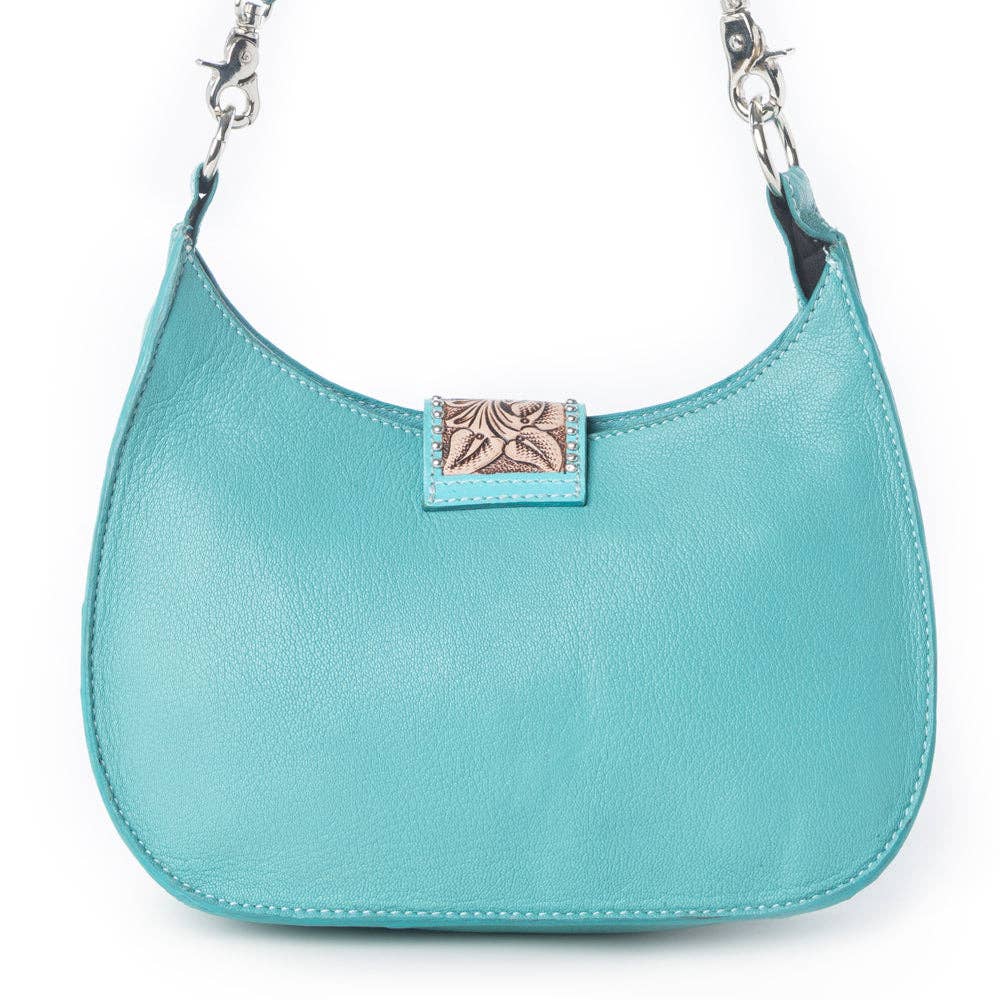 Myra Bag - Santa Fe Handtooled Bag for Women in Turquoise with hairon and studded detail - Turquoise