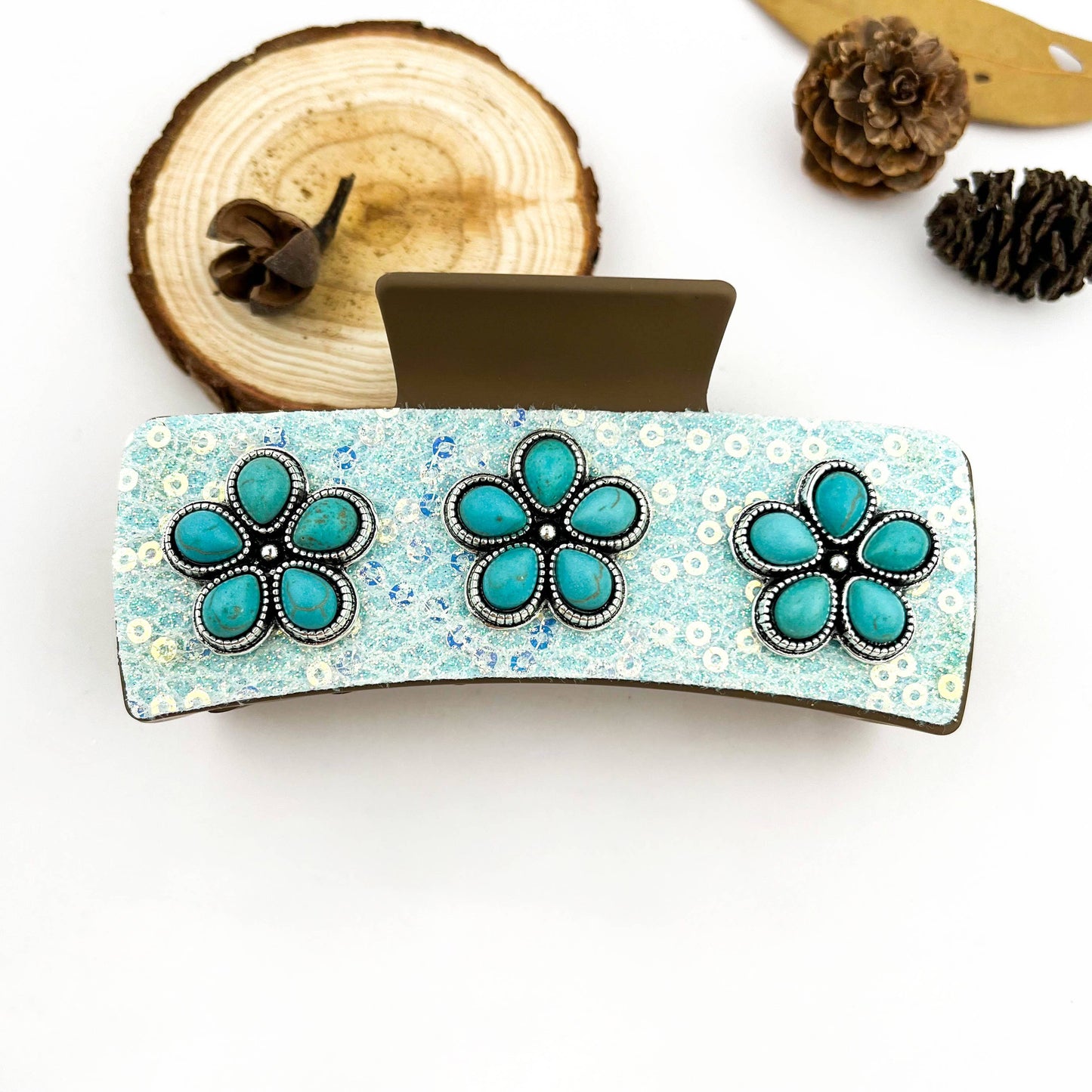 Boho Turquoise Floral PU Rectangle Hair Claw Clip - B