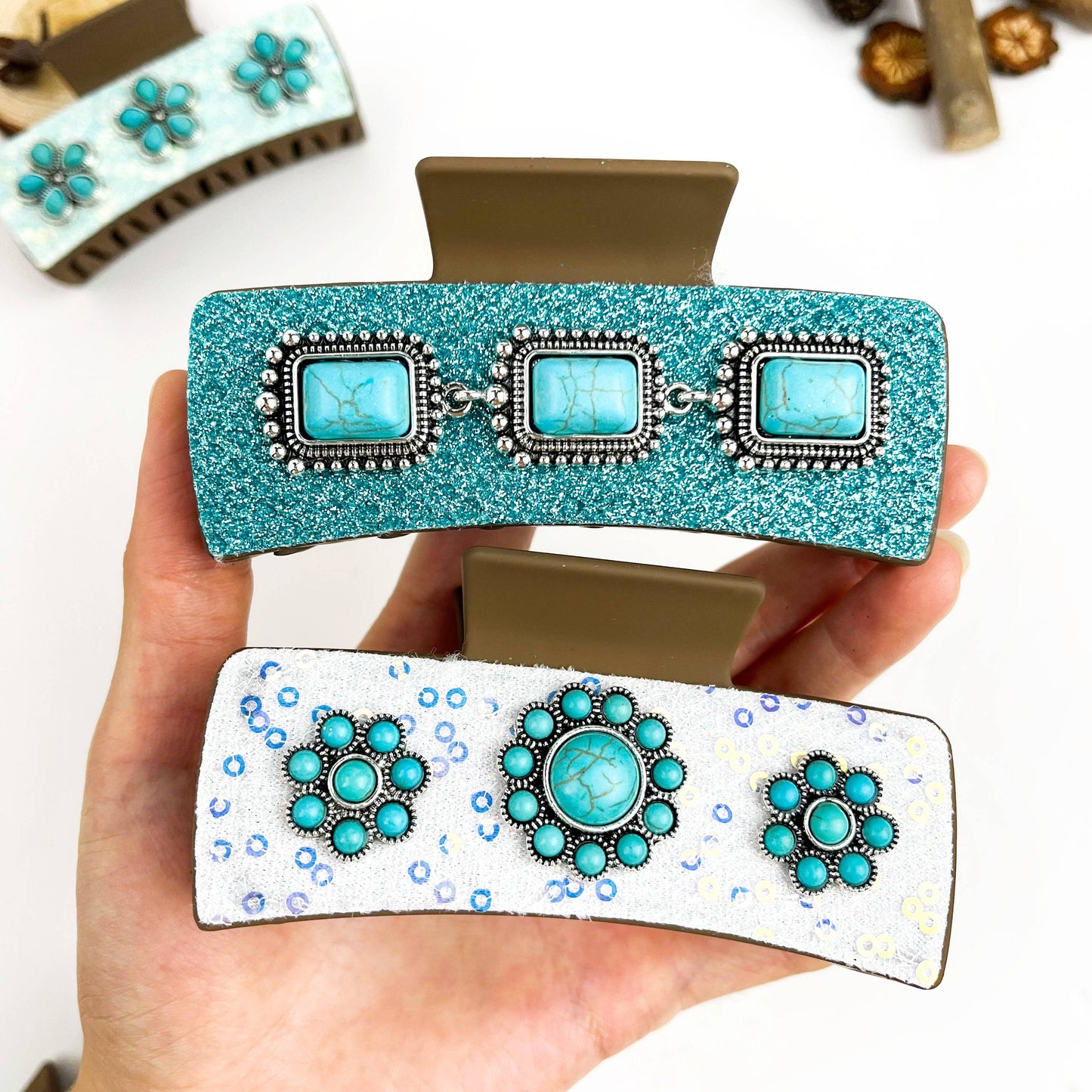 Boho Turquoise Floral PU Rectangle Hair Claw Clip - B