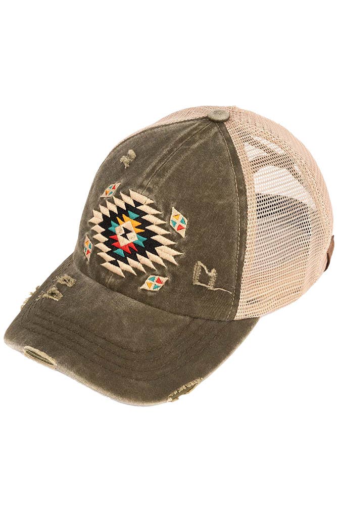 Hana - C.C Aztec Patch Distressed Criss-Cross Pony Cap - Black