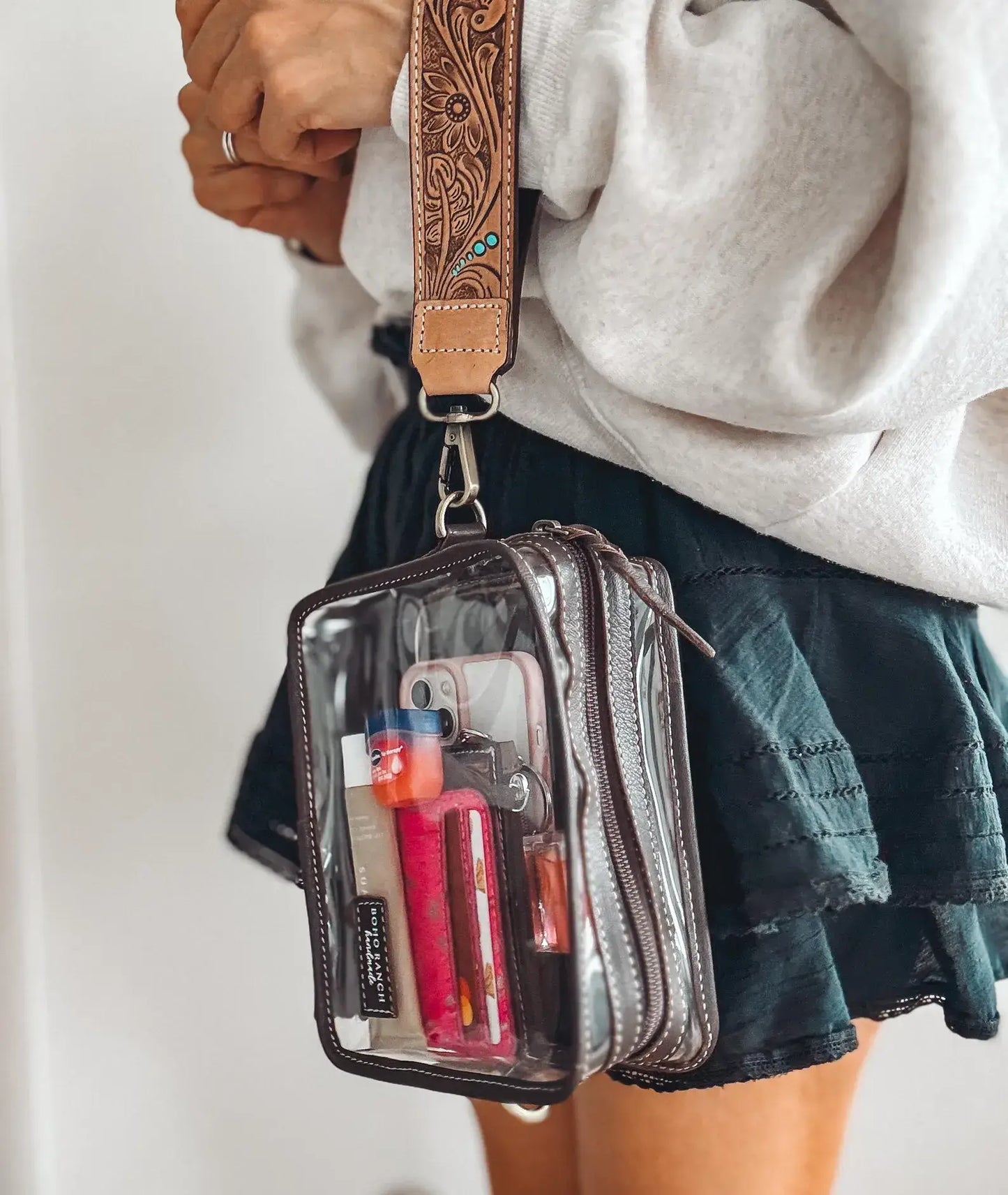 Boho Ranch Shop - DARLA CLEAR WRISTLET | transparent western purse - game day  - BROWN