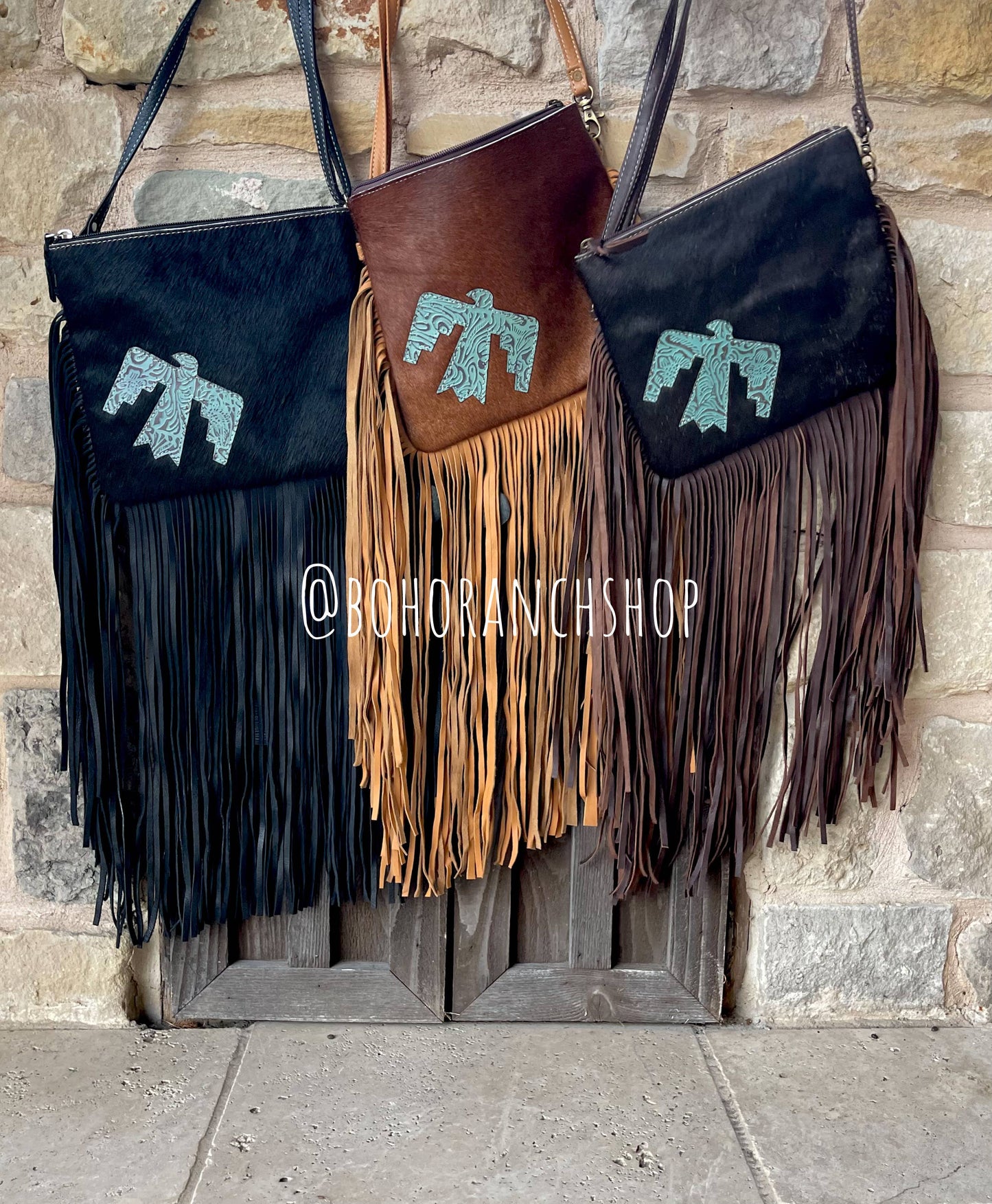 Boho Ranch Shop - THUNDERBIRD COWHIDE CROSSBODY tooled Leather Cowhide Clutch - TAN COWHIDE