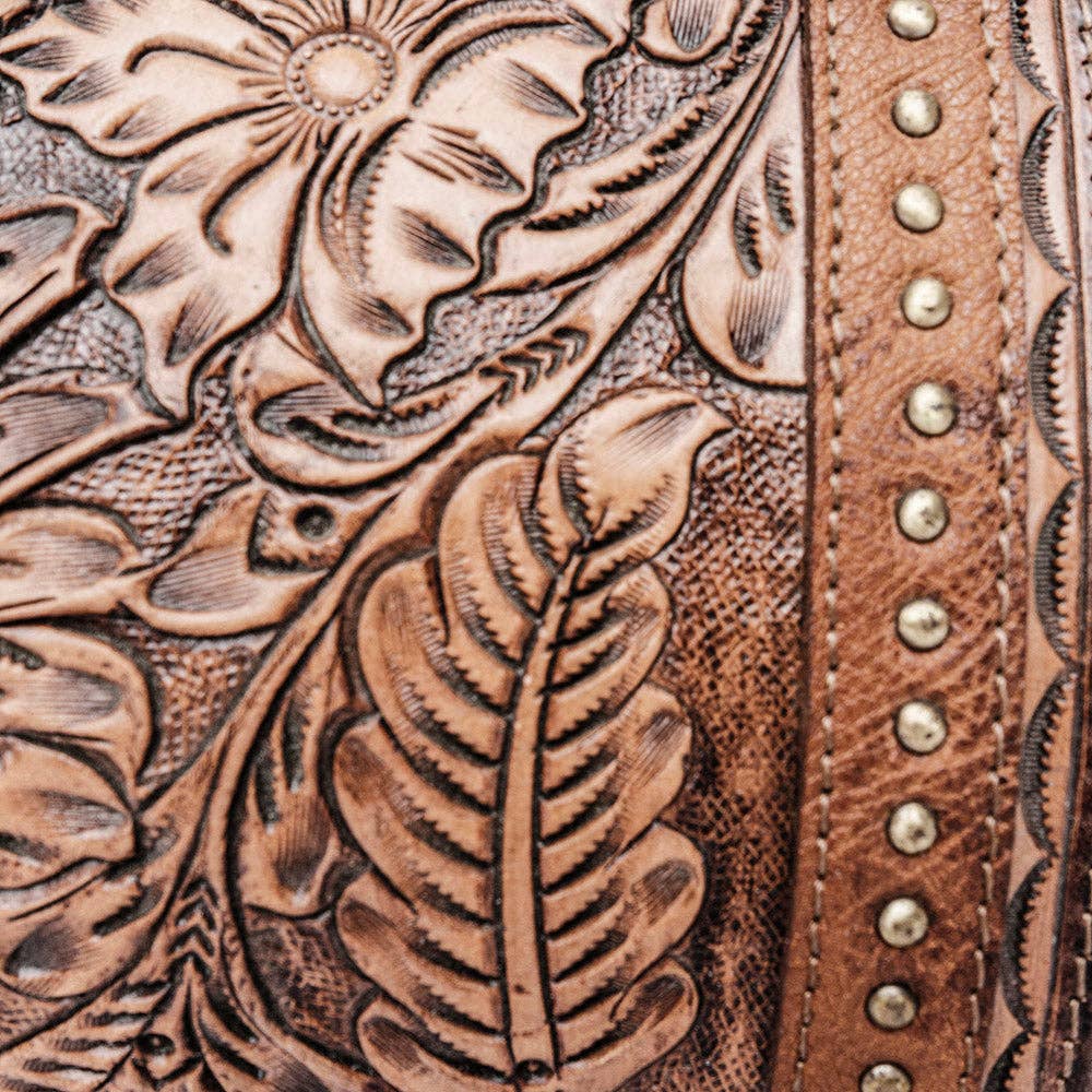 LS Western - ADBGI218 Tooled Leather Hobo Bag with Turquoise Concho & Studded Trim - ADBGI218C