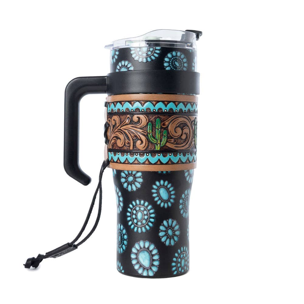 Myra Bag - Concho Crest Western Tooled Tumbler in Black Stainless Steel with Leather Wrap and Handle - WITH TOOLING