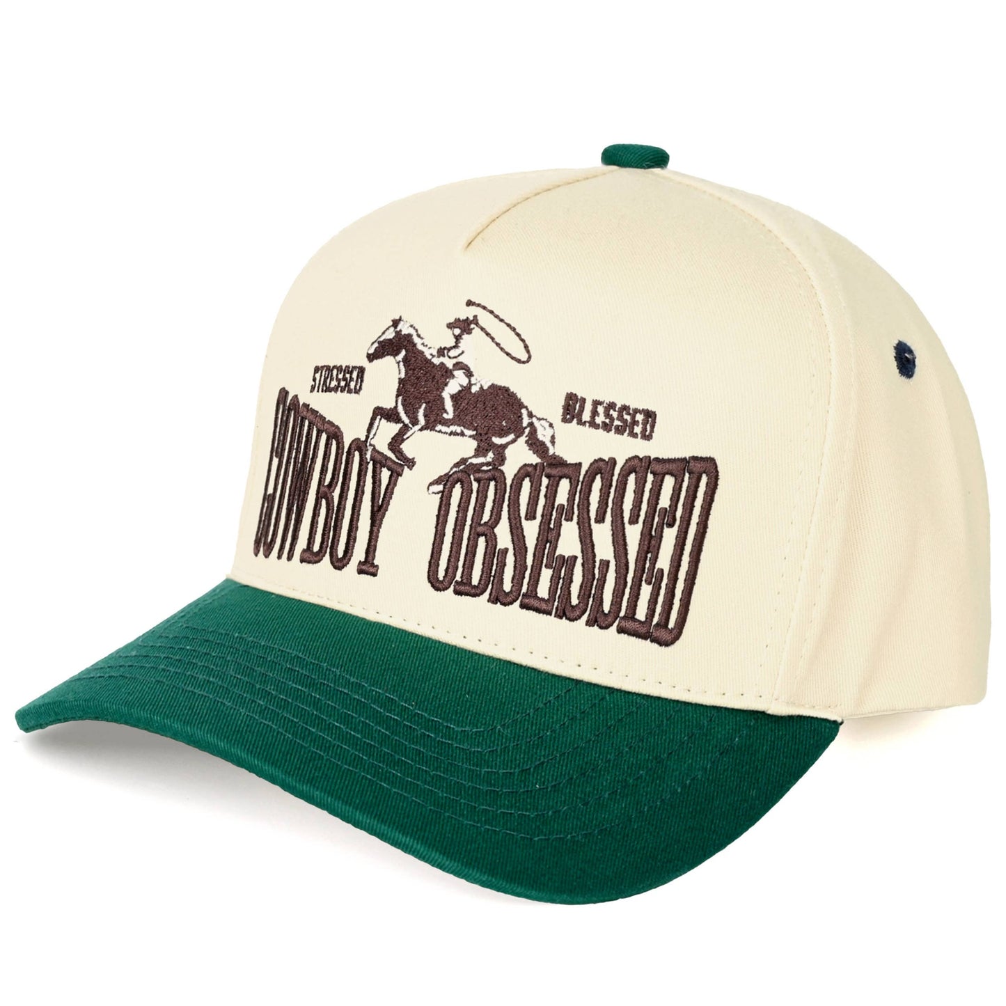 Hana - C.C COWBOY OBSESSED Embroidered Cotton Trucker Cap - Brown/Pink