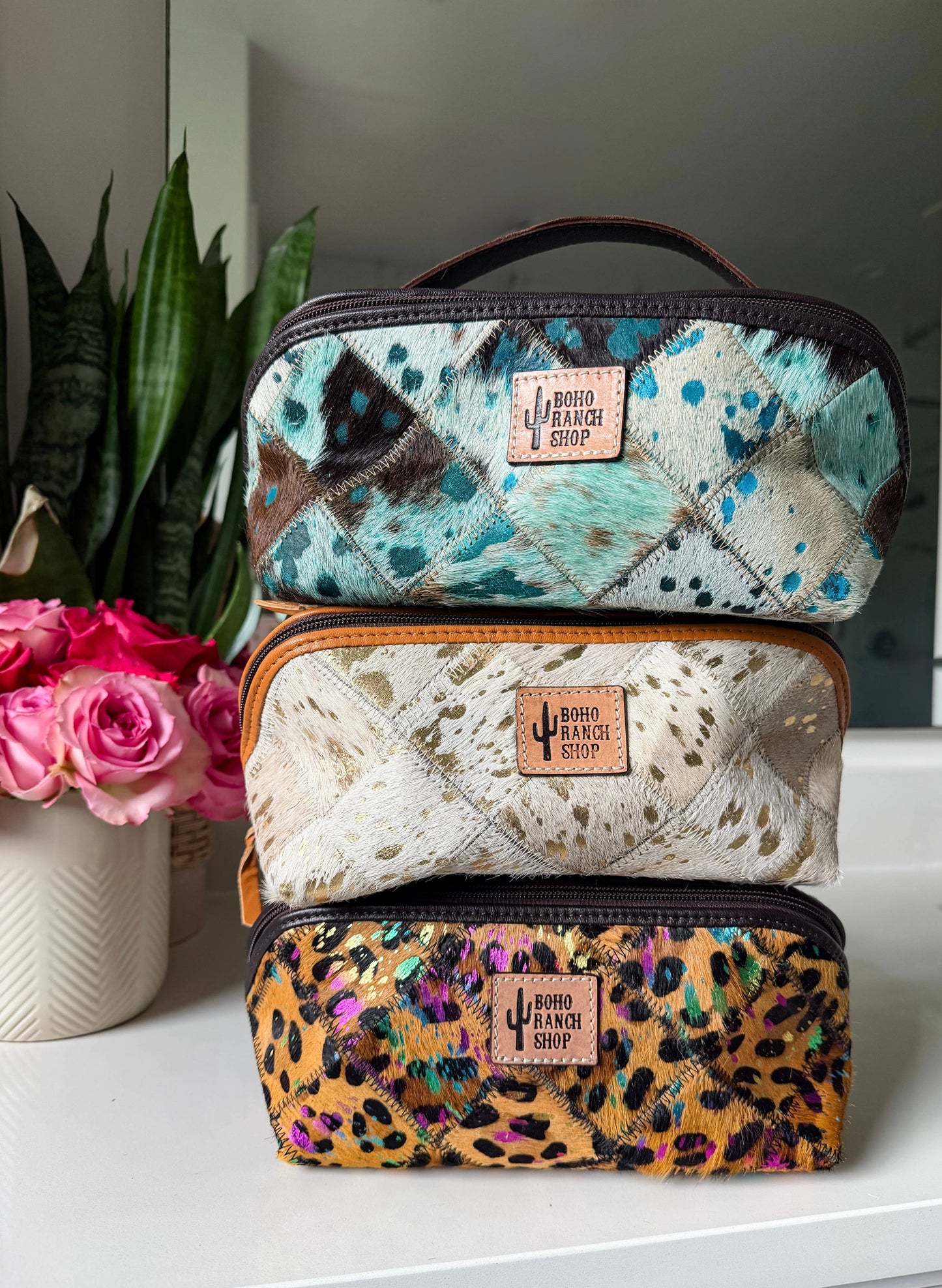 Boho Ranch Shop - Ella Cowhide Makeup Bag Leather Cosmetic Diagonal Opening - DARK BROWN + TURQUOISE SPECS