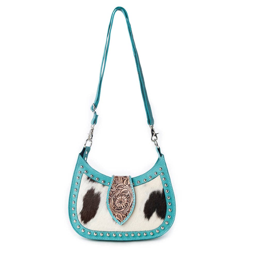 Myra Bag - Santa Fe Handtooled Bag for Women in Turquoise with hairon and studded detail - Turquoise