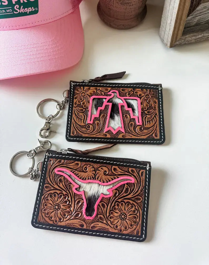 Boho Ranch Shop - Tooled Leather Keychain Wallet Thunderbird Longhorn Bow Hat - TURQUOISE COWBOY HAT