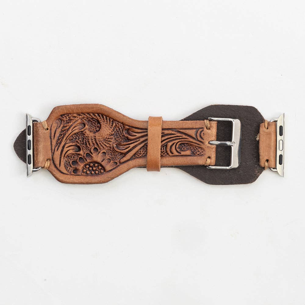Myra Bag - Lone Star Handtooled Leather Watch Band in Antique Saddle Brown