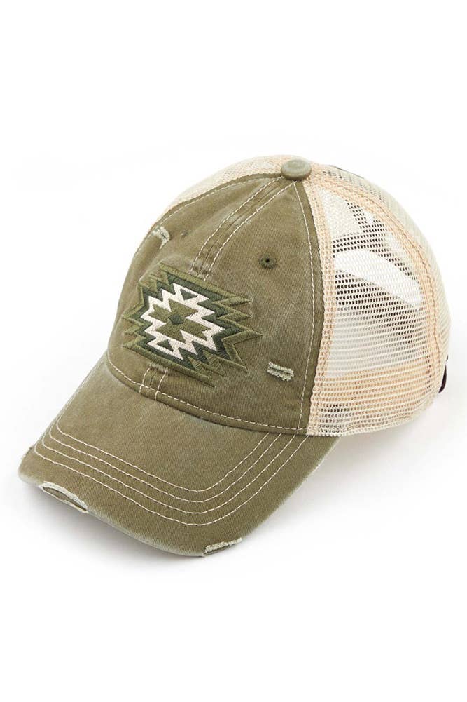 Hana - C.C Aztec Patch Embroidery Mesh Pony Cap - Black