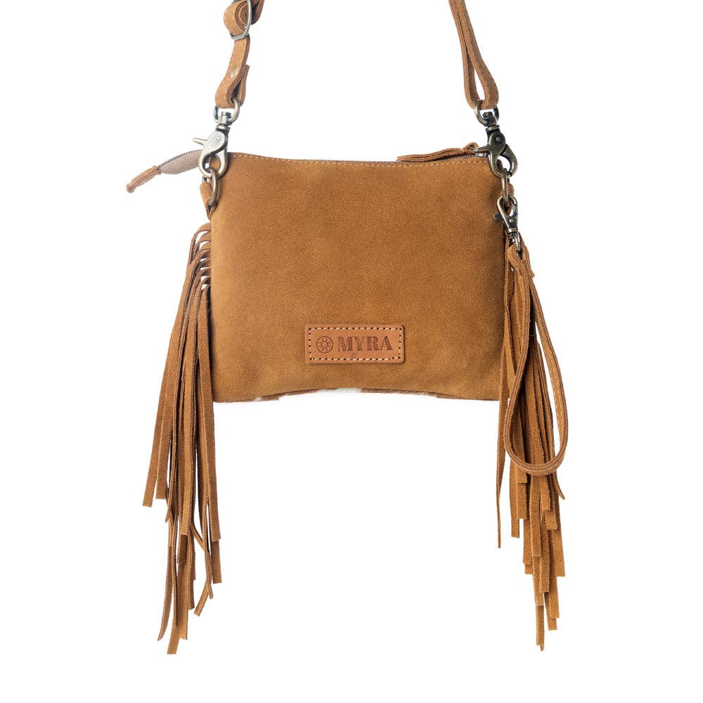 Myra Bag - Bourbon Trail Handtooled Bag for Women in brown with hairon and fringe detail - Brown & White