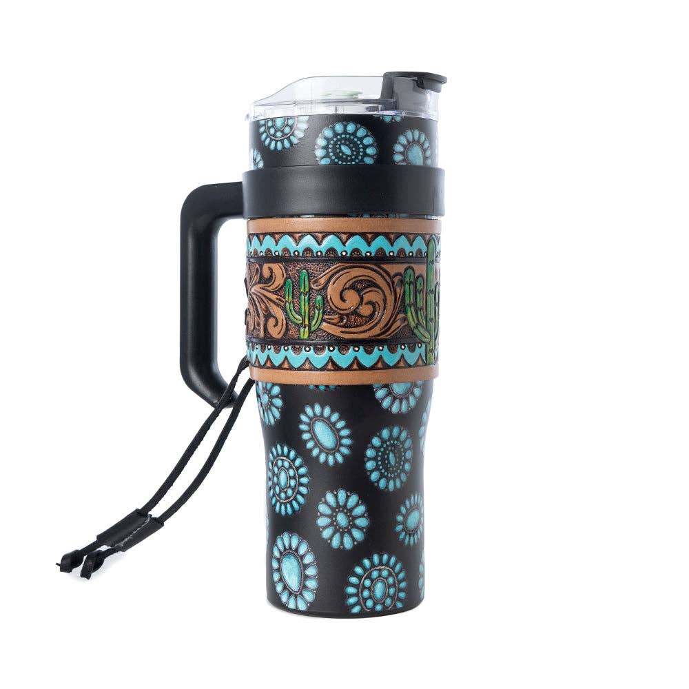 Myra Bag - Concho Crest Western Tooled Tumbler in Black Stainless Steel with Leather Wrap and Handle - WITH TOOLING