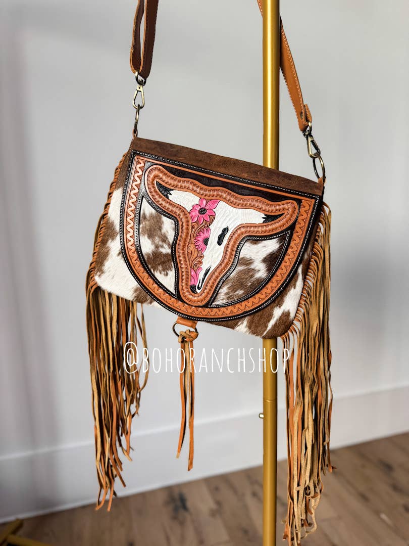 Boho Ranch Shop - THE CAROLINE CROSSBODY steer longhorn - cowhide purse bag - RED FLOWER