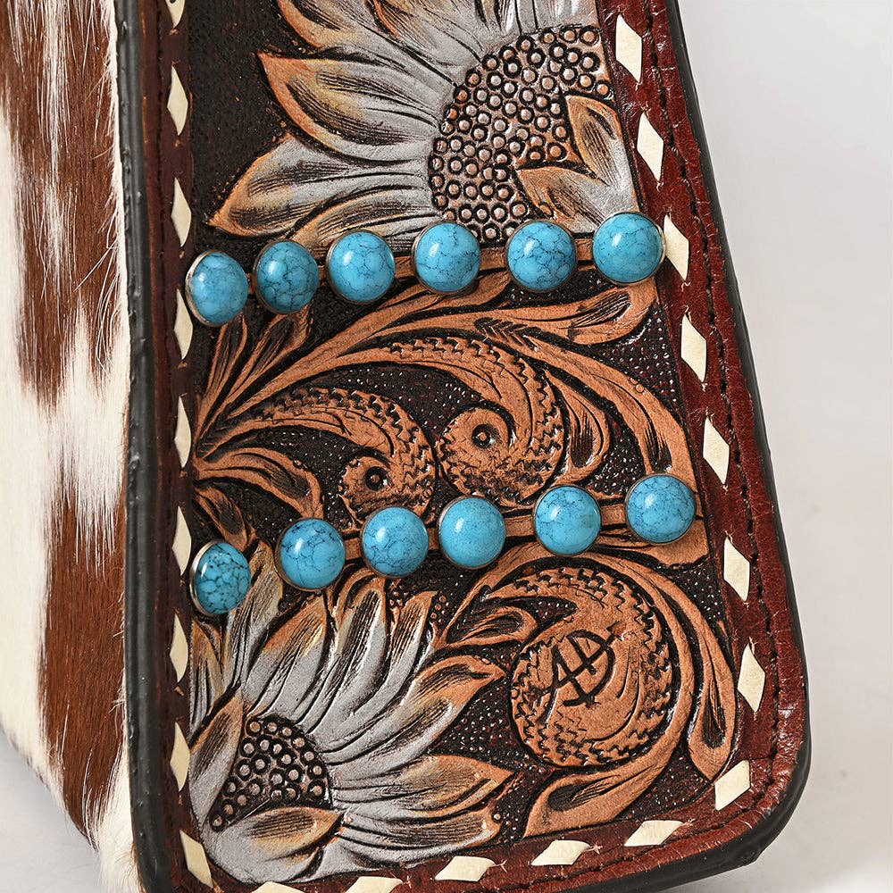 LS Western - Wallet Bag Hand-Tooled Genuine Leather Turquoise Accent - ADBG1698