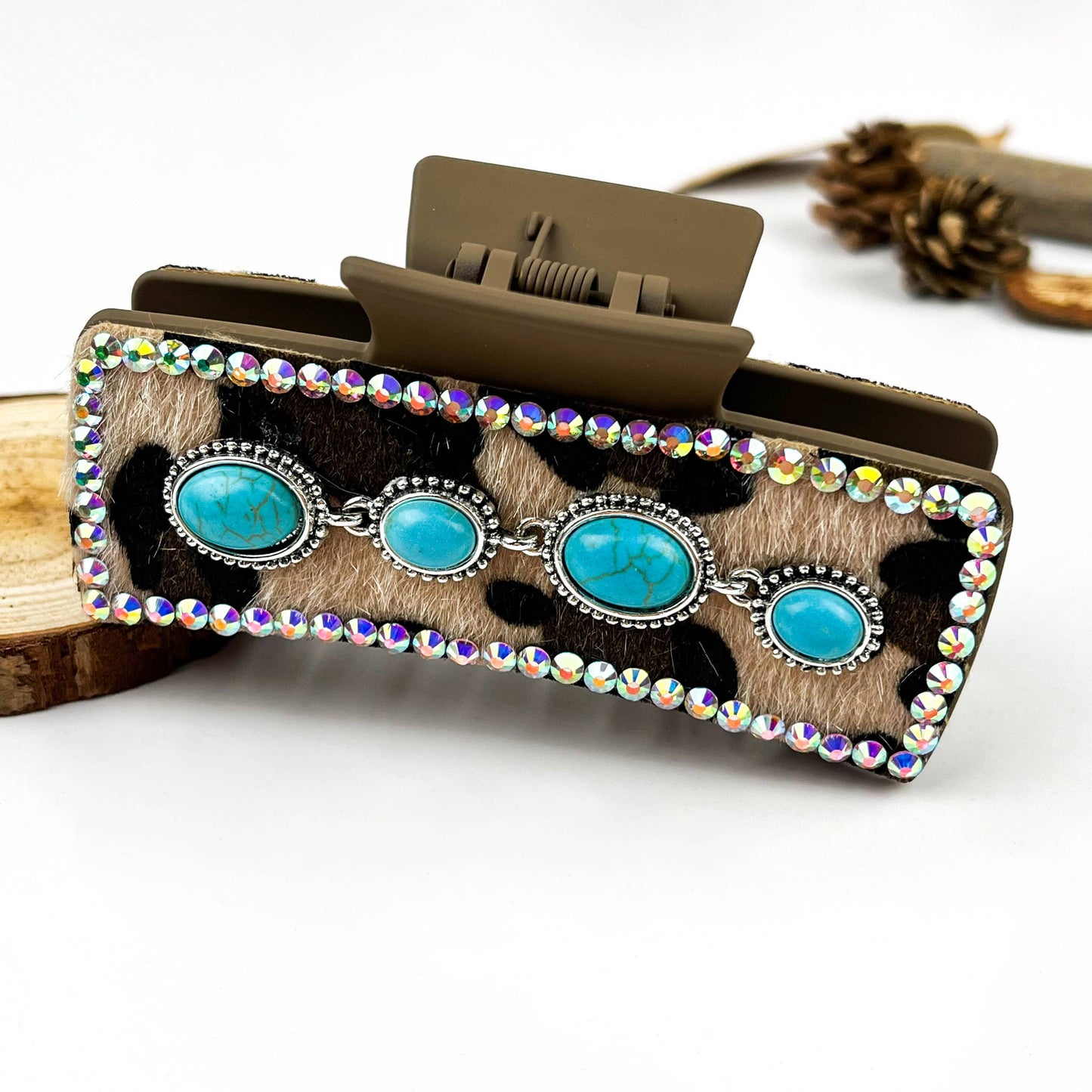 mildstyles - Boho Turquoise Leopard Print Leather Hair Claw Clip - E