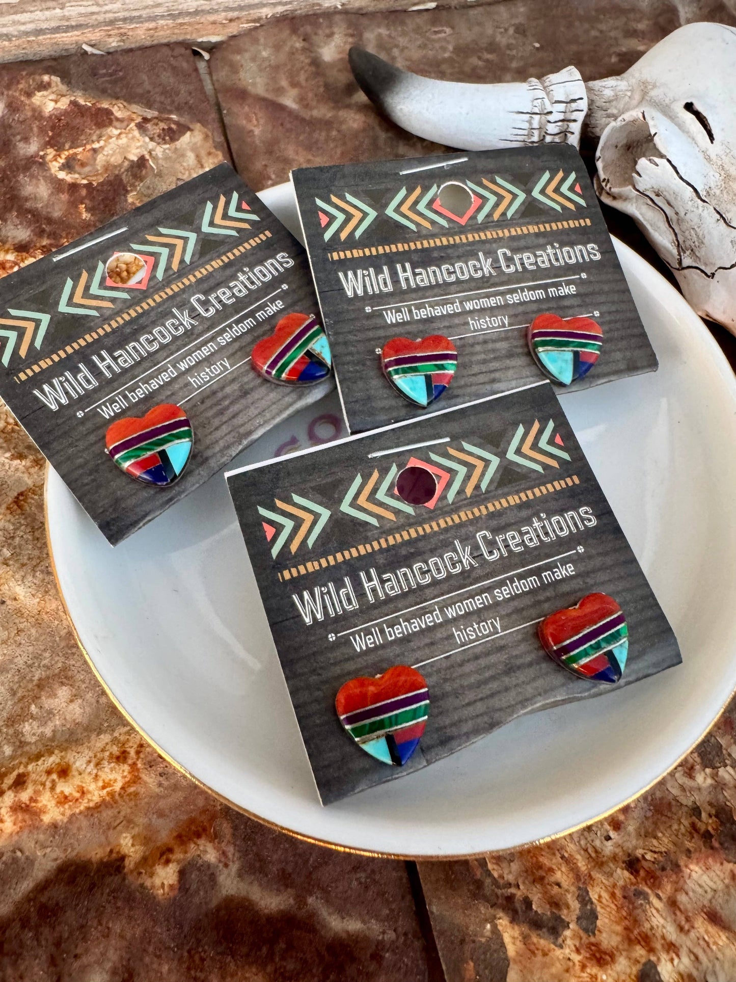 Wild Hancock Creations - Inlay Heart Stud Earrings/Southwestern Stud Earrings/Hearts