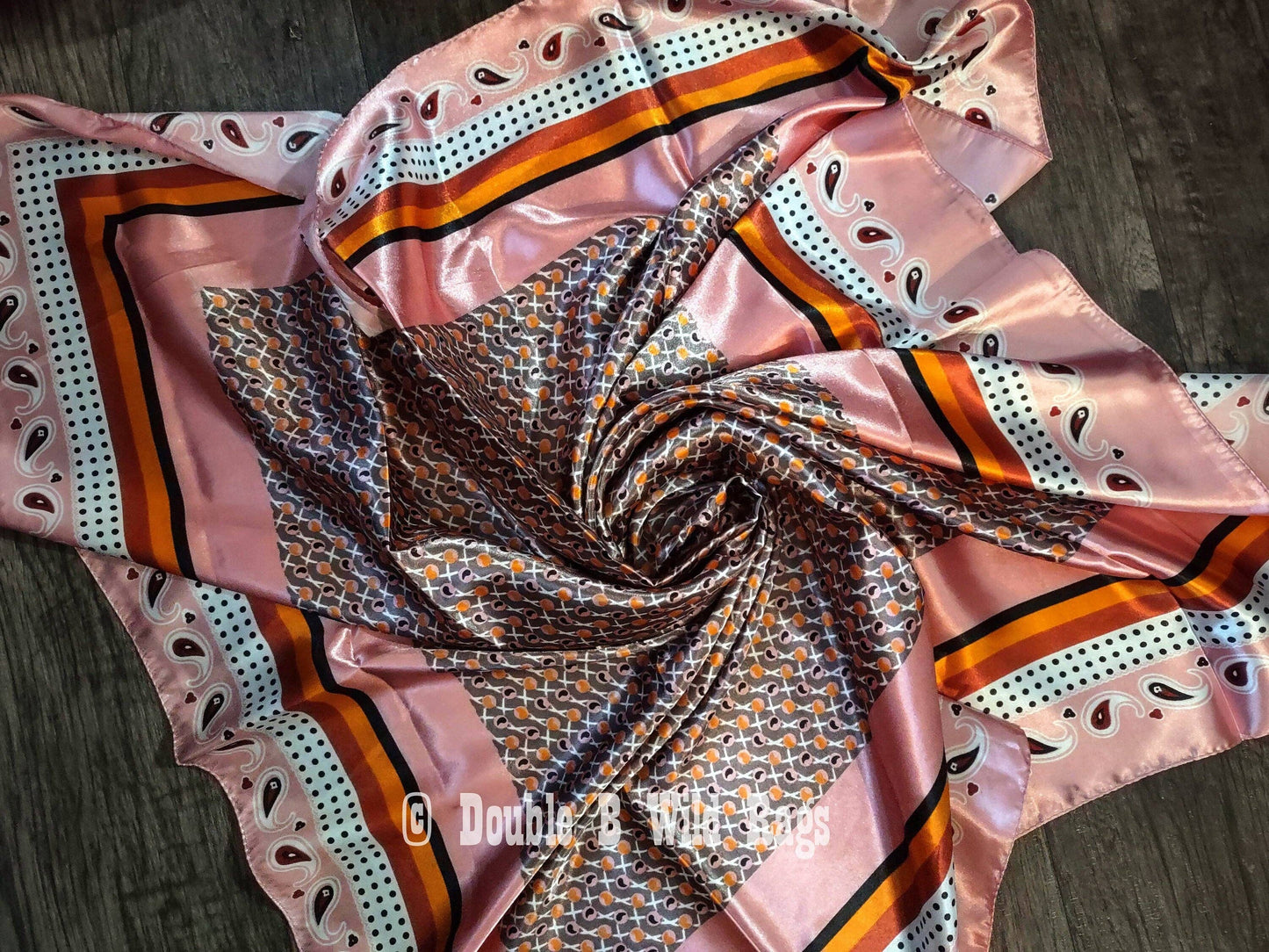 Double B Wild Rags - Wild Rag BARGAIN CORNER Motif center with Paisley Border Cowboy Western Neck Scarf by Double B Wild Rags - Pink, Grey, Orange