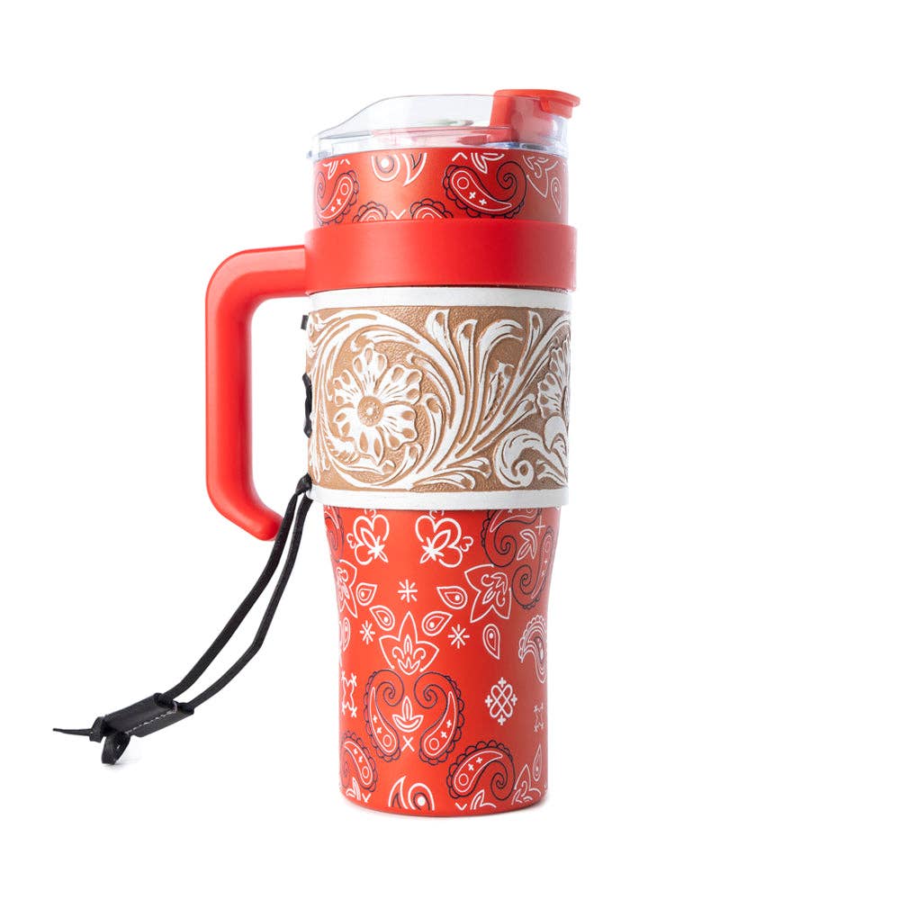 Myra Bag - Bandana Tooled Western Tumbler in Red Stainless Steel with Handtooled Leather and Handle for Use - WITH TOOLING